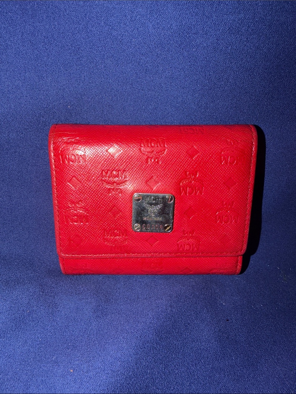 MCM Red Embossed Logo Santino Leather Compact Wallet